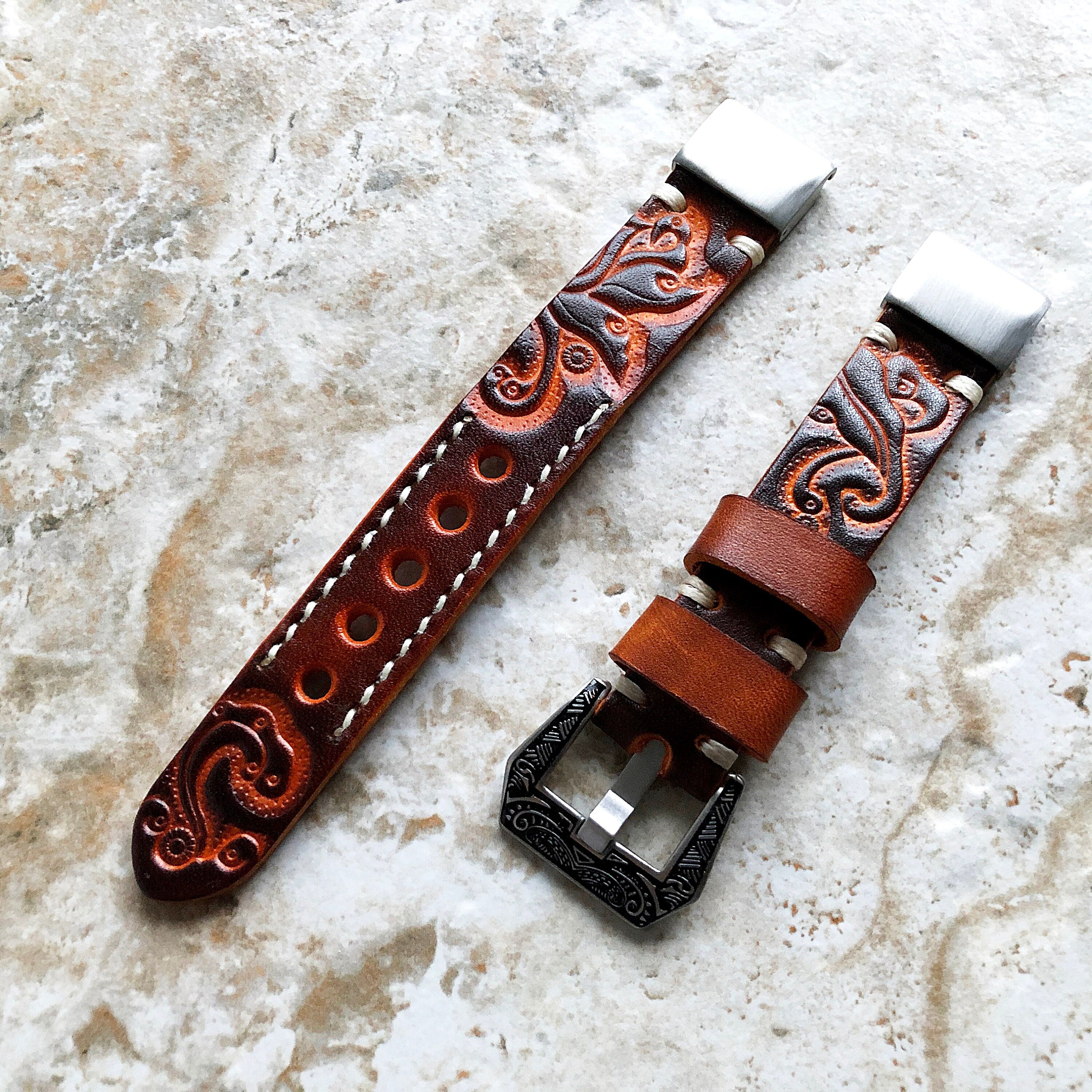 Brown and Orange Garmin Band for Epix Gen 2 Fenix Quatix 5 6 7 Pro MARQ Tooled Embossed Handmade Leather Bracelet Quick Fit Strap A22-B20